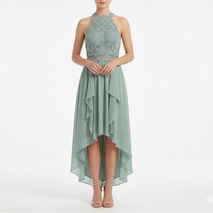 City Studio Lace Halter High Low Dress Sage Green Chiffon Formal Prom Size 3